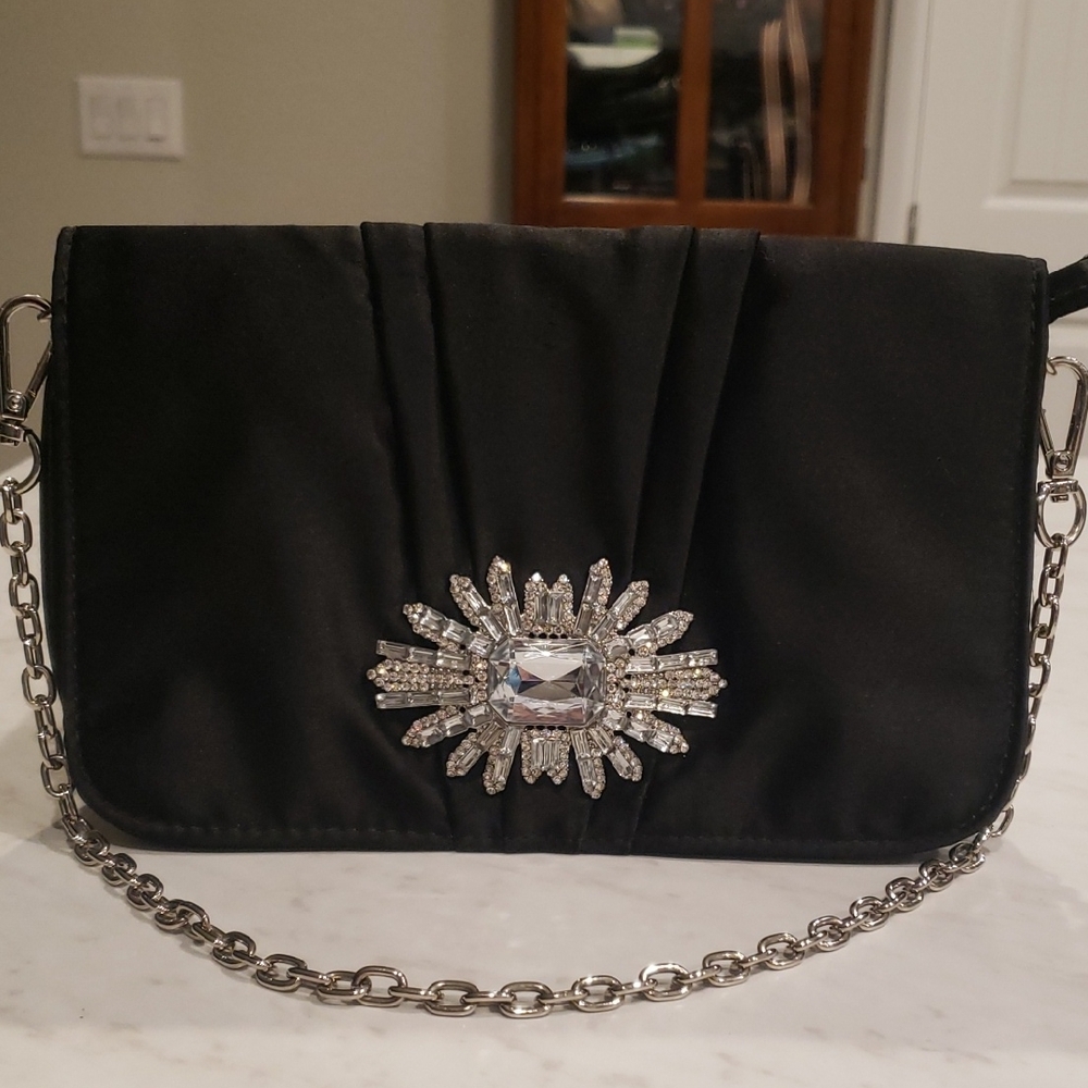 White House Black Market Chic Black Clutch In Satin with Silver Embellishment